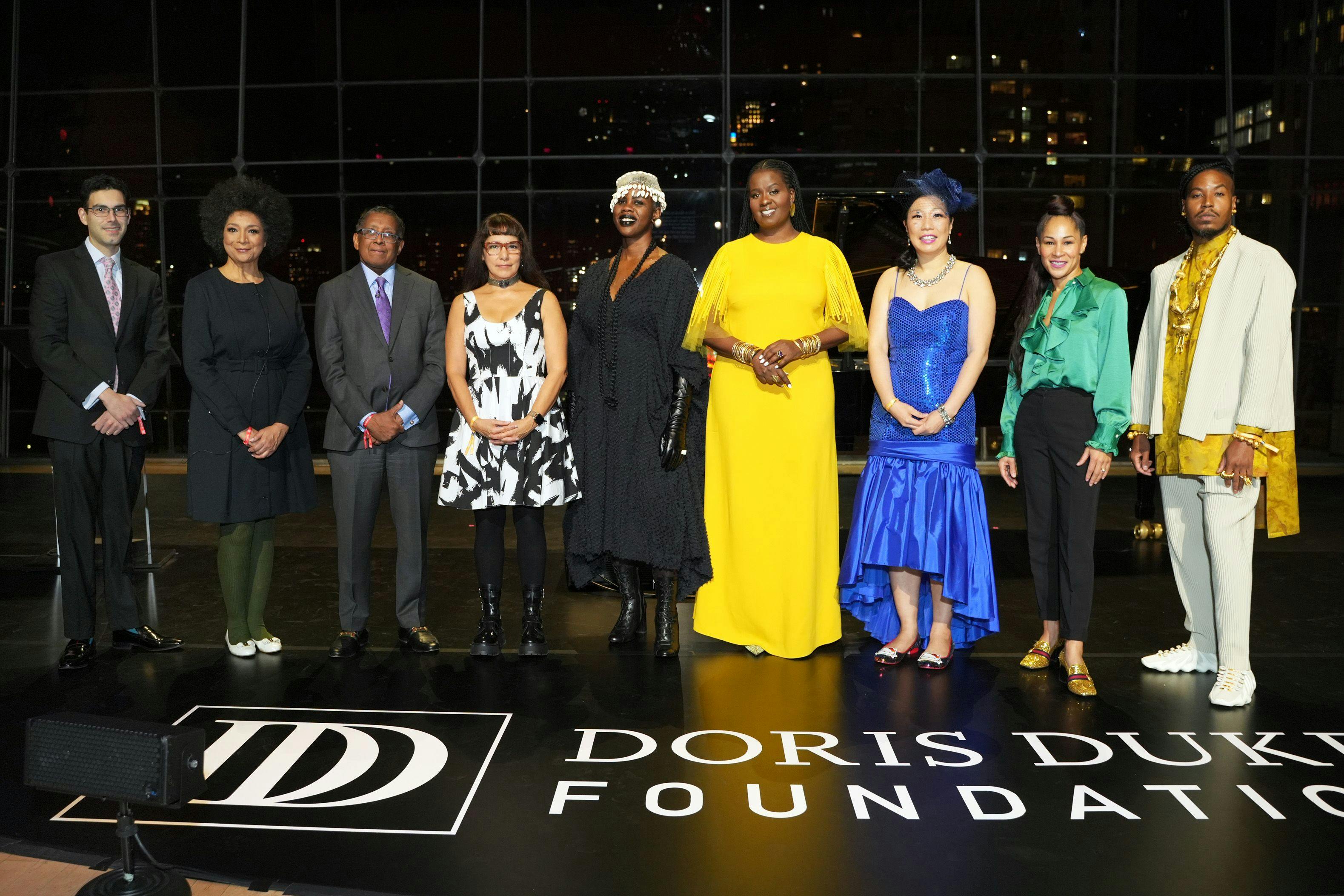Sam Gill, Maurine Knighton, Bill Wright, Rosy Simas, Charlotte Brathwaite, Somi, Kristina Wong, Ayodele Casel and Chief Xian aTunde Adjuah attend the 10th Anniversary Celebration of the Doris Duke Artist Awards at Appel Room, Jazz at Lincoln Center on February 13, 2023 in New York City. (Photo by Sean Zanni/Patrick McMullan via Getty Images)